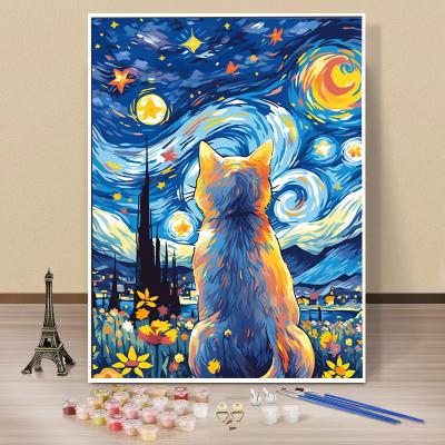 Classical Digital Painting Of Cats And Van Gogh Starry Night Oil Painting DIY Decorative Hanging Paintings