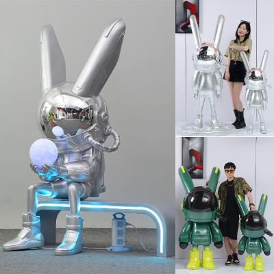 Fiberglass lamp rabbit and moon new design space rabbit Outdoor Sculpture Large Animal action Sculpture LED astronaut bunny staute